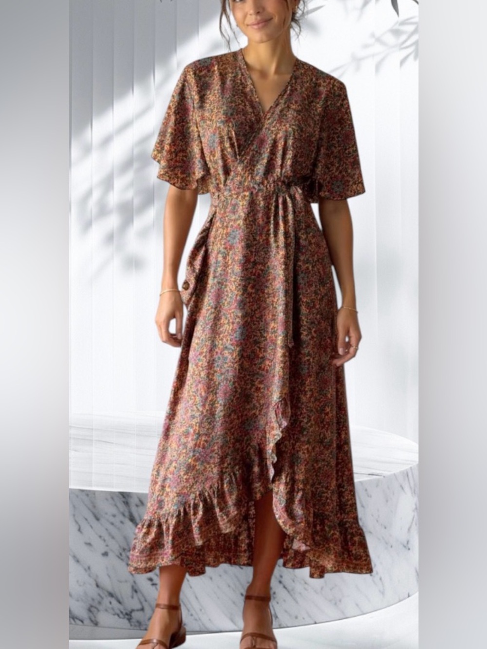 Vintage Floral Wrap Maxi Dress in Rust